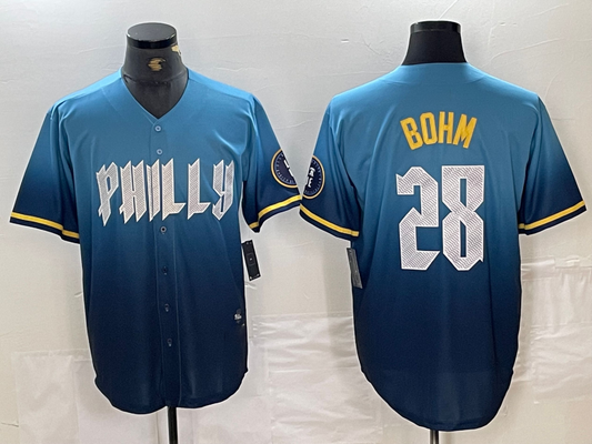 Philadelphia Phillies #28 Alec Bohm Blue 2024 City Player Number Cool Base Stitched Baseball Jersey