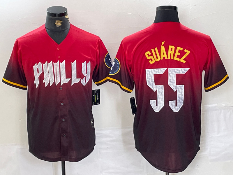 Philadelphia Phillies #55 Ranger Suarez Red 2024 City Player Number Cool Base Baseball Jersey