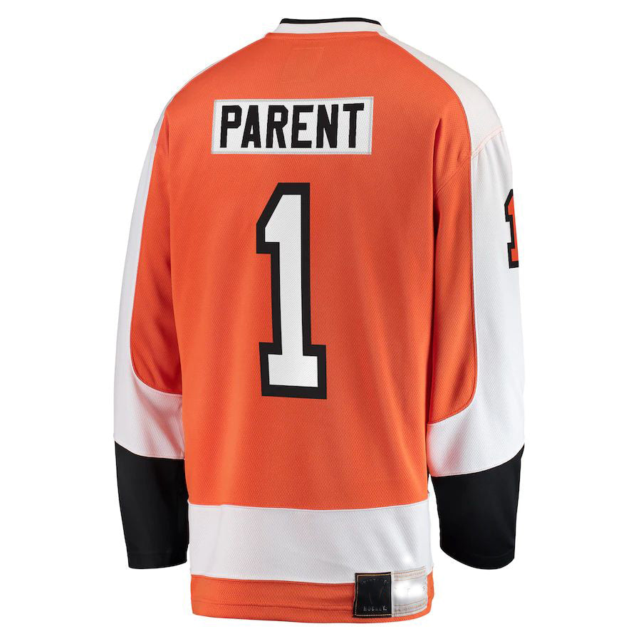 P.Flyers #1 Bernie Parent Fanatics Branded Premier Breakaway Retired Player Jersey  Orange Stitched American Hockey Jerseys