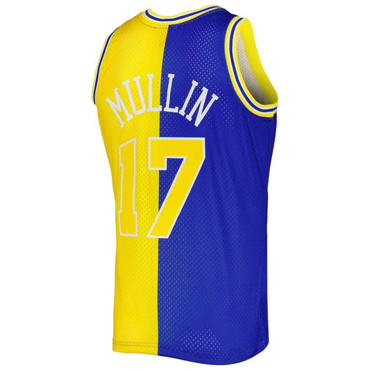 G.State Warriors #17 Chris Mullin Mitchell & Ness Hardwood Classics 1993-94 Split Swingman Jersey Royal Gold Stitched American Basketball Jersey