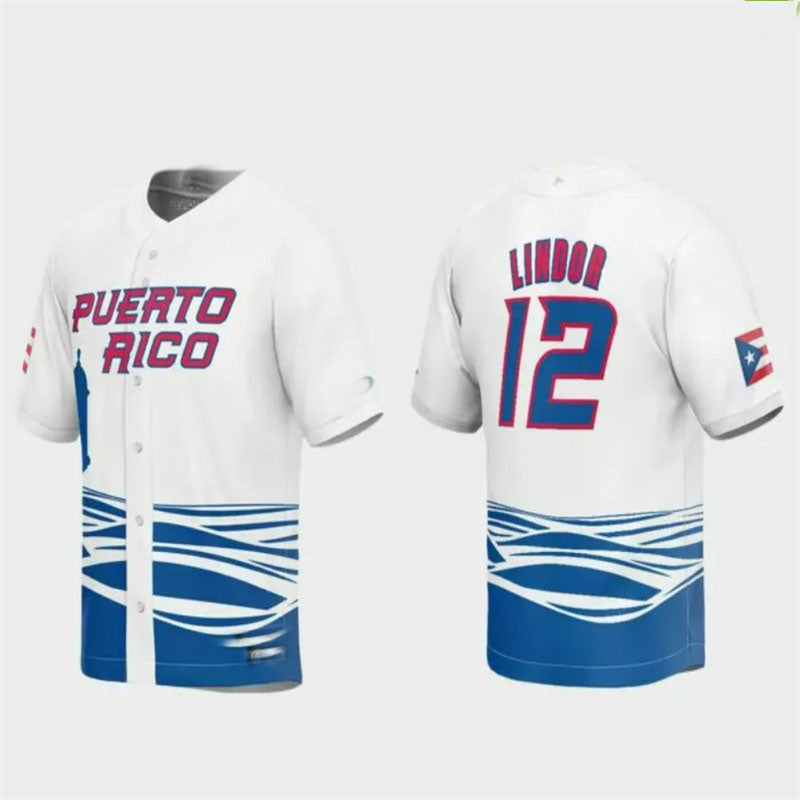 #12 Francisco Lindor Puerto Rico Baseball 2023 World Baseball Classic Replica Jersey ¨C White Stitches Baseball Jerseys