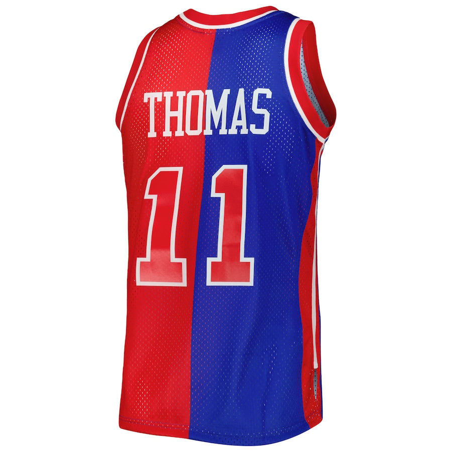 D.Pistons #11 Isaiah Thomas Mitchell & Ness Hardwood Classics 1988-89 Split Swingman Jersey Blue Red Stitched American Basketball Jersey