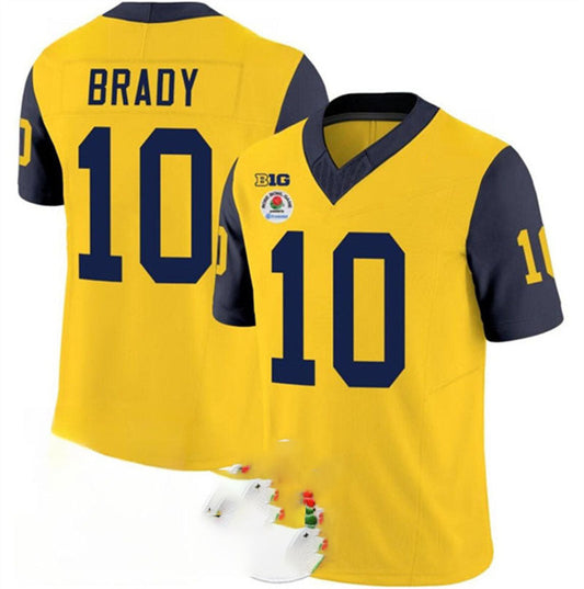 M.Wolverines #10 Tom Brady 2023 F.U.S.E. Yellow Navy Rose Bowl Patch Stitched Jersey College Jerseys