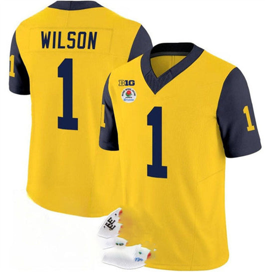 M.Wolverines #1 Roman Wilson 2023 F.U.S.E. Yellow Navy Rose Bowl Patch Stitched Jersey College Jerseys