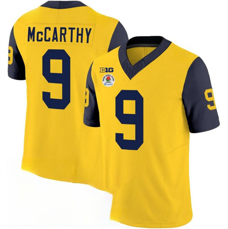 M.Wolverines #9 J.J. McCarthy 2023 F.U.S.E. Yellow Navy Rose Bowl Patch Stitched Jersey College Jerseys