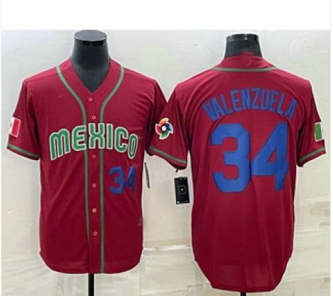 Mexico Baseball #34 Fernando Valenzuela Number 2023 Red Blue World Baseball Classic Stitched Jerseys Baseball Jerseys