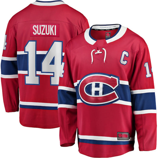 M.Canadiens #14 Nick Suzuki Fanatics Branded Home Captain Patch Breakaway Player Jersey  Red Stitched American Hockey Jerseys