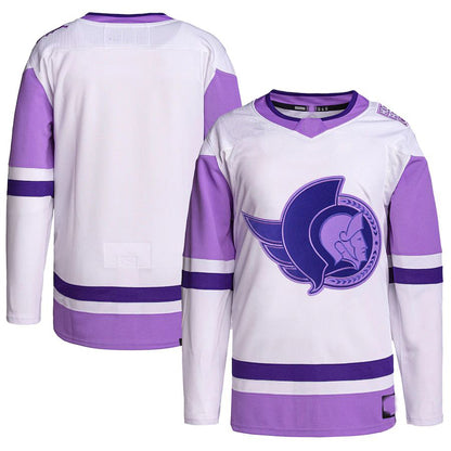 O.Senators Hockey Fights Cancer Primegreen Authentic Blank Practice Jersey White Purple Stitched American Hockey Jerseys