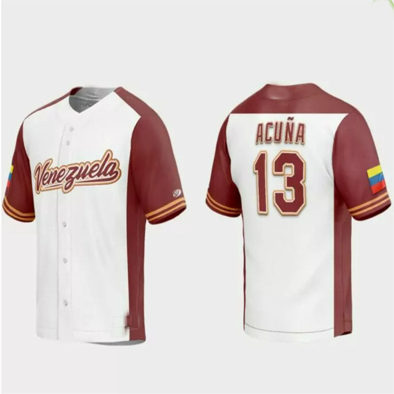 #13 Ronald Acuna Jr. Venezuela Baseball 2023 World Baseball Classic Replica Jersey ¨C White Burgundy Stitches Baseball Jerseys