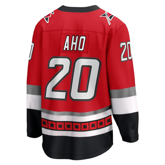 C.Hurricanes #20 Sebastian Aho Fanatics Branded 25th Anniversary Premier Breakaway Player Jersey Red Stitched American Hockey Jerseys