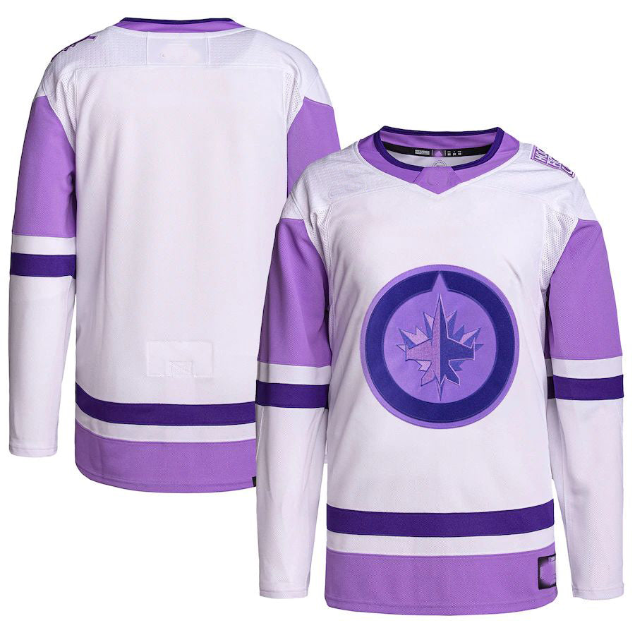 W.Jets Hockey Fights Cancer Primegreen Authentic Blank Practice Jersey White Purple Stitched American Hockey Jerseys